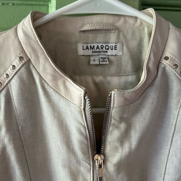 New LaMarque Tan Leather Linen moto biker studded zips Jacket small - Picture 3 of 13